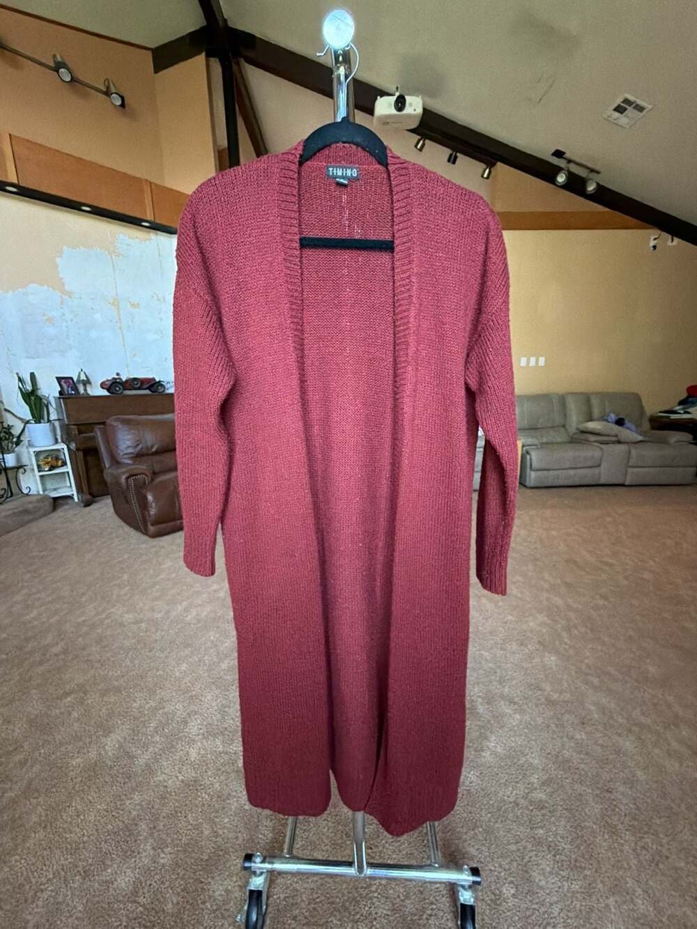 Timing Open Front Long Knit Cardigan Sweater Burgundy Size M Style SK10688